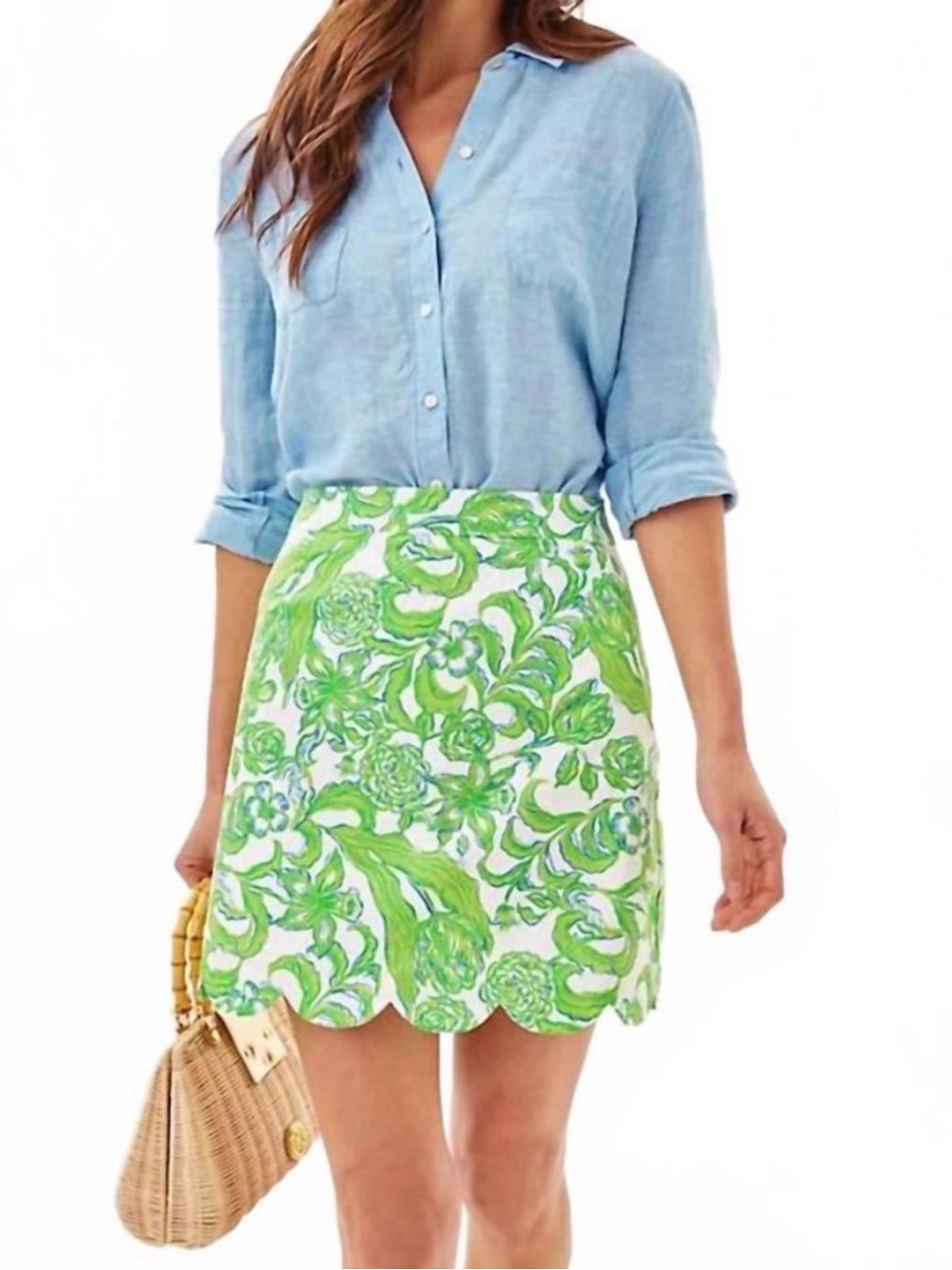 Lilly Pulitzer White Mini Skirt with Green Floral Scallop Hem